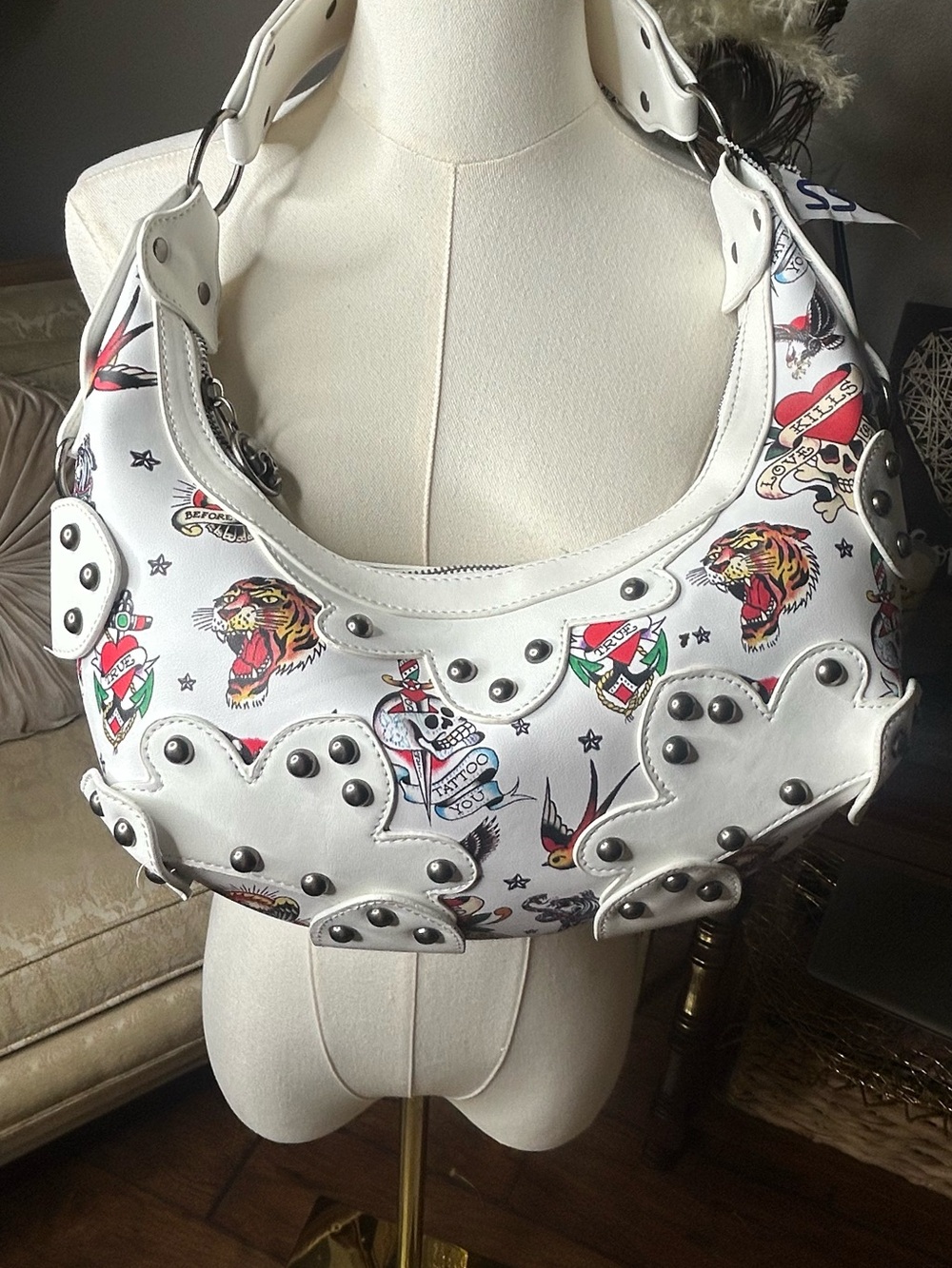 NWT Ed Hardy White Tattoo Studded Hobo Shoulder Bag Y2K Skull Tiger Purse